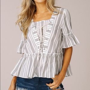 Listicle Striped Peplum Laced Front Top